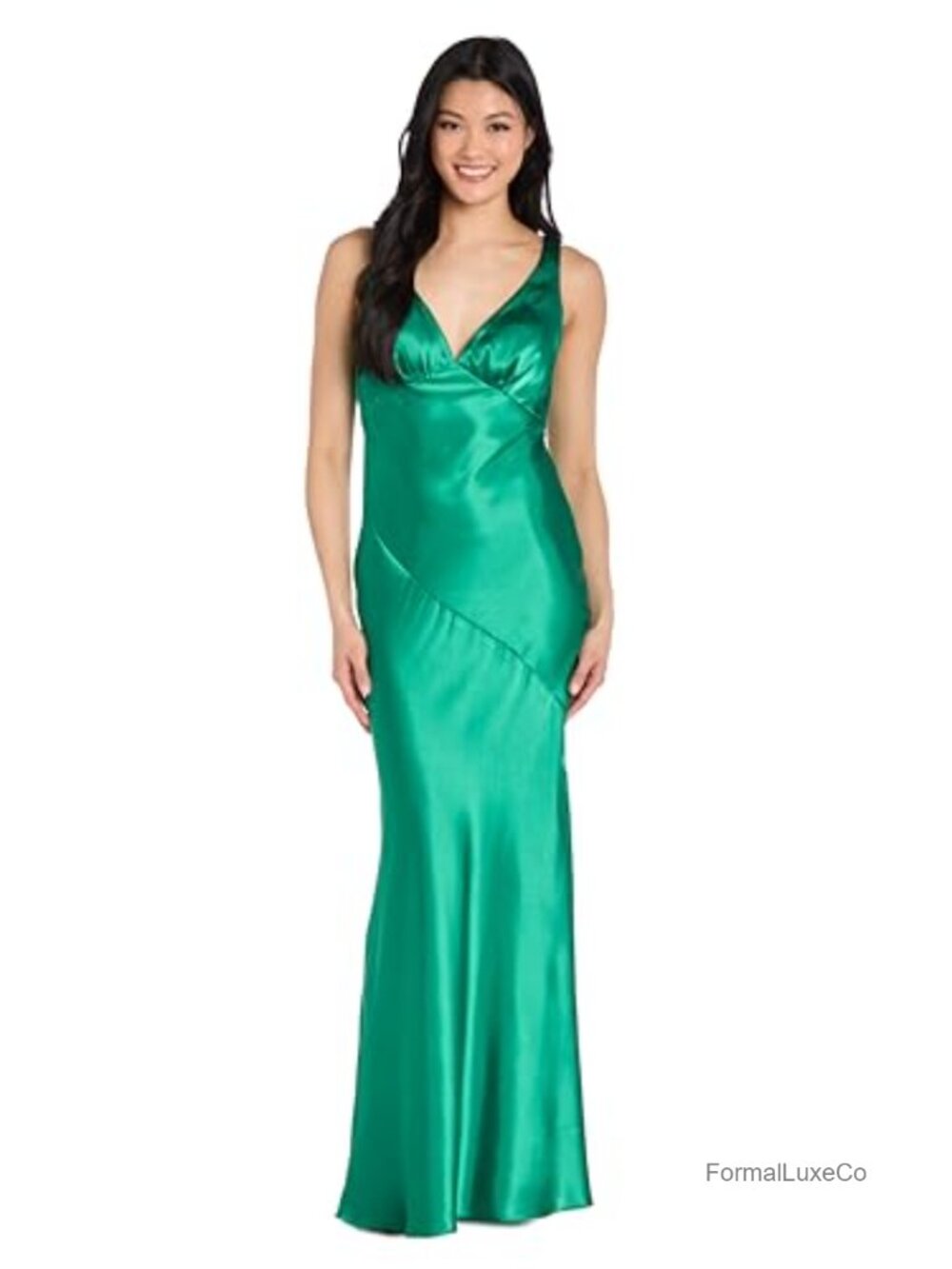 Satin V-Neckline Dress W/ Draped Dropped Cowl Back & Tassel Tie Closure